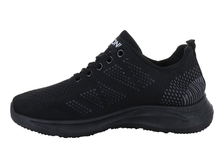 Tenis deportivos color negro con tejido transpirable y suela sintética.