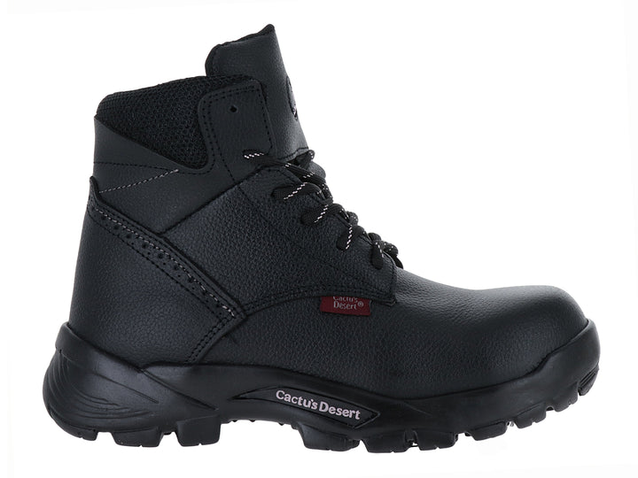 Bota de seguridad industrial color negro con suela gruesa y punta reforzada.