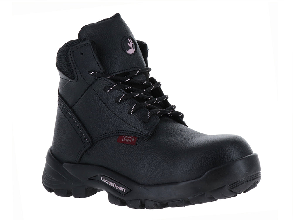 Bota de seguridad industrial color negro con suela gruesa y punta reforzada.