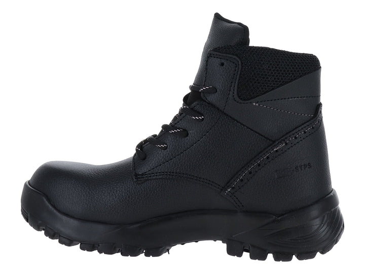 Bota de seguridad industrial color negro con suela gruesa y punta reforzada.
