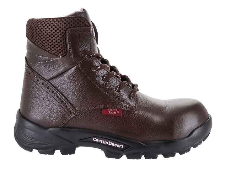 Bota de seguridad Cactus color café con suela negra y puntera reforzada para ropa de trabajo.