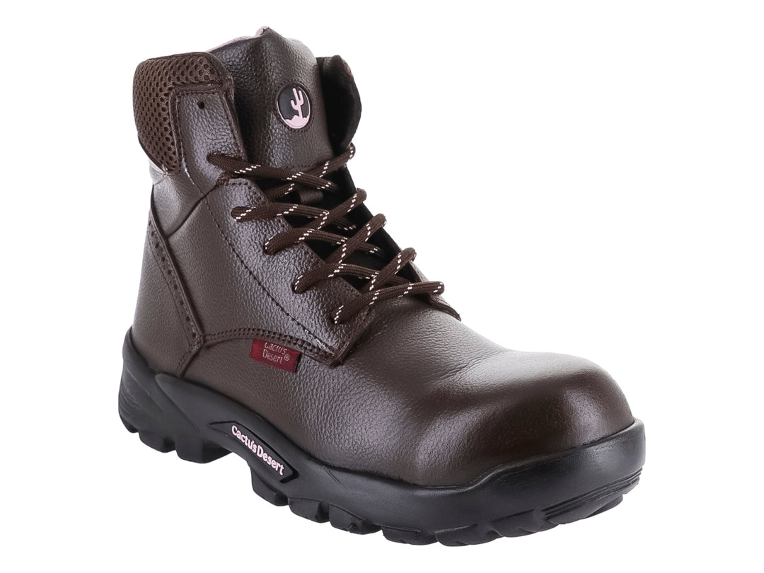 Bota de seguridad Cactus color café con suela negra y puntera reforzada para ropa de trabajo.