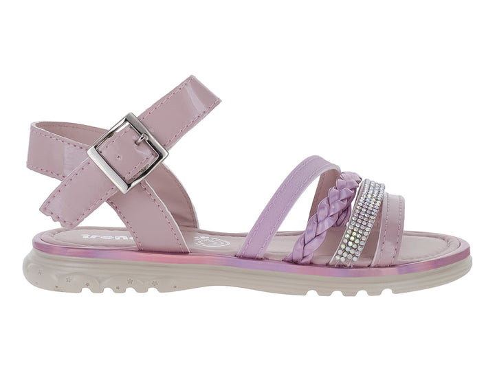 Sandalia para Niña de color lila en acabado charol con tiras trenzadas y detalles brillantes.
