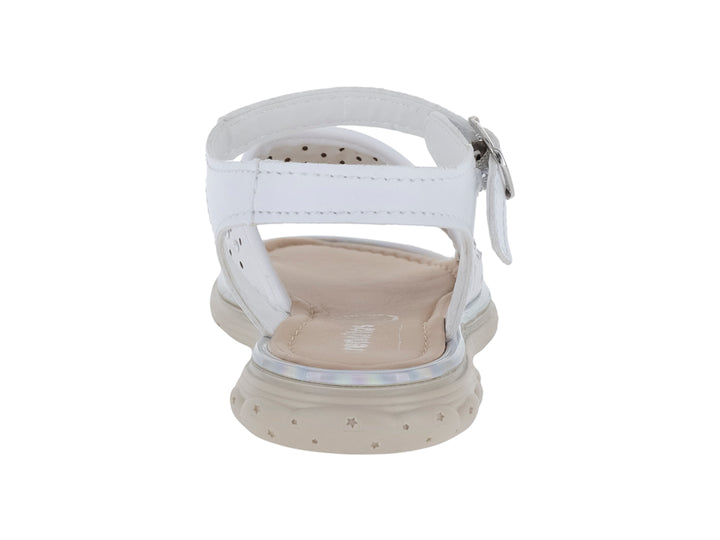Sandalia blanca para niña con detalles brillantes y correa ajustable con hebilla.