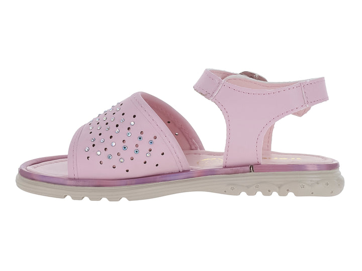 Sandalias para niña color rosa candy con detalles de pedrería brillante y correa con hebilla.