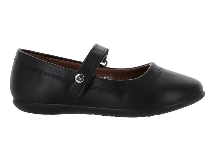 Zapato negro estilo Mary Jane para niña con correa y botón plateado.