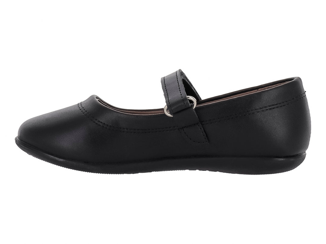 Zapato negro estilo Mary Jane para niña con correa y botón plateado.
