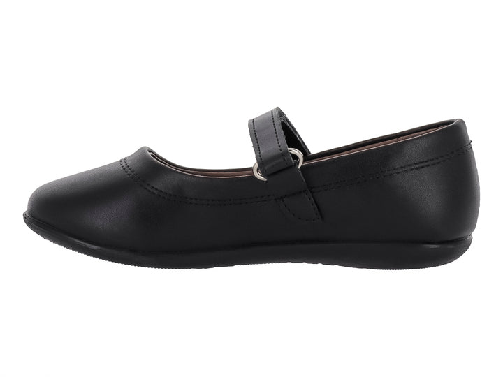Zapato negro estilo Mary Jane para niña con correa y botón plateado.