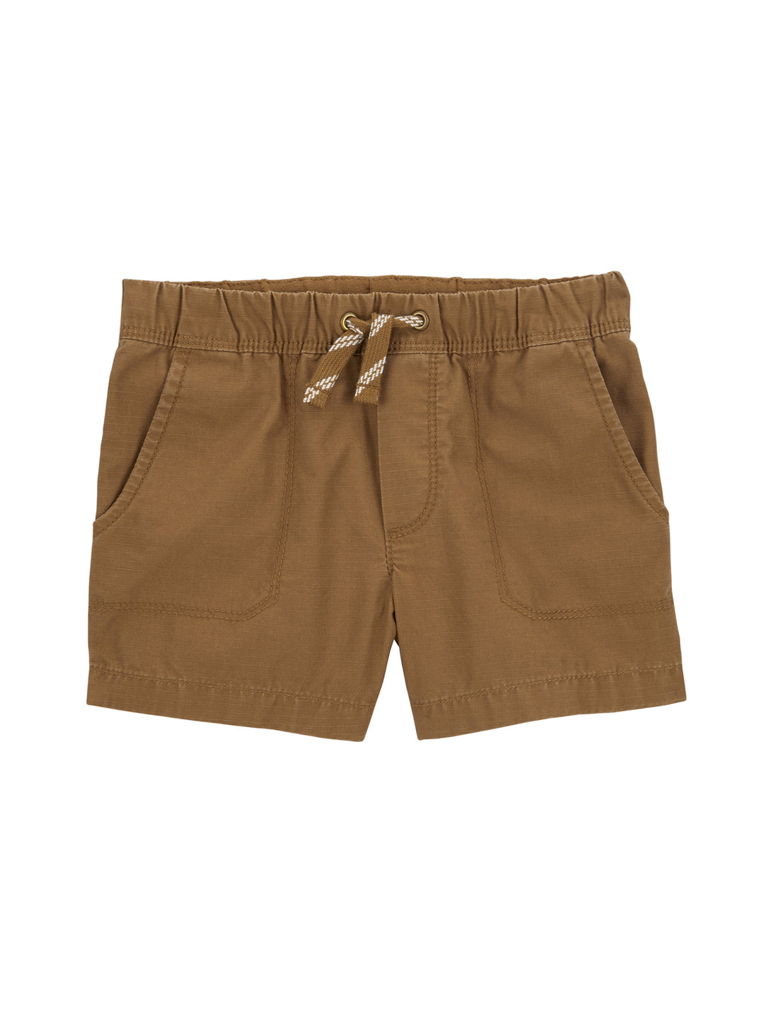 Short color café para niño con cintura elástica y cordón ajustable en contraste blanco.