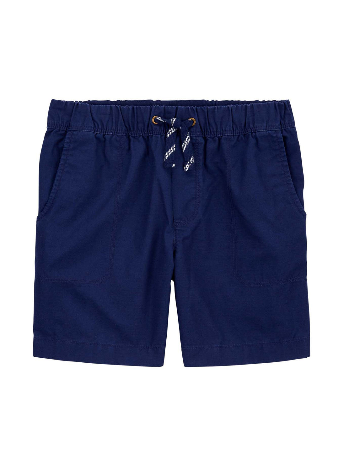 Short casual color azul marino para niño con cintura elástica y cordón ajustable blanco y azul.