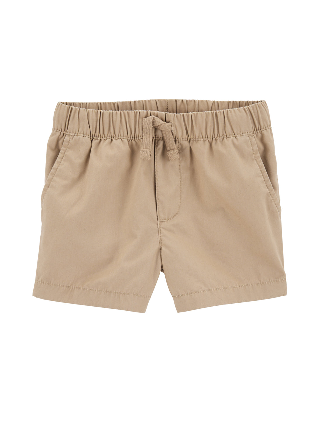 Shorts color khaki para niño con cintura elástica y cordón ajustable.