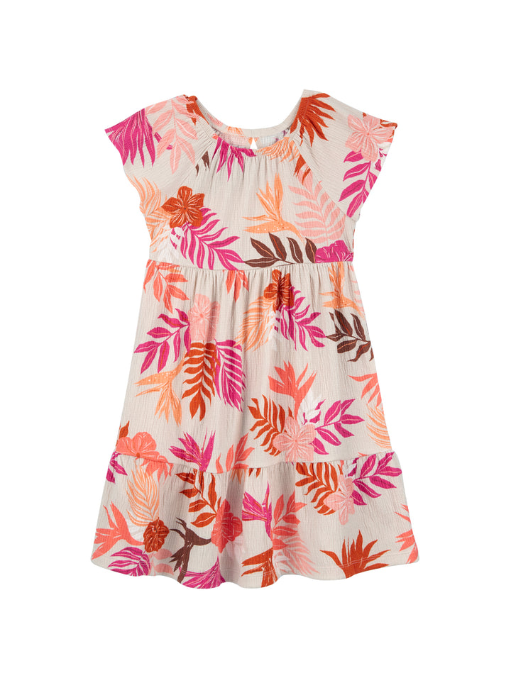 Vestido para niña blanco con estampado de hojas tropicales en colores rosa, naranja y marrón.