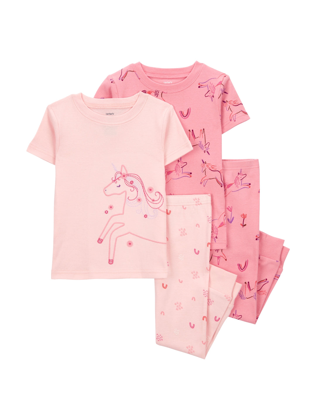 Set de dos pijamas para niña en tonos rosa con diseños de unicornios.