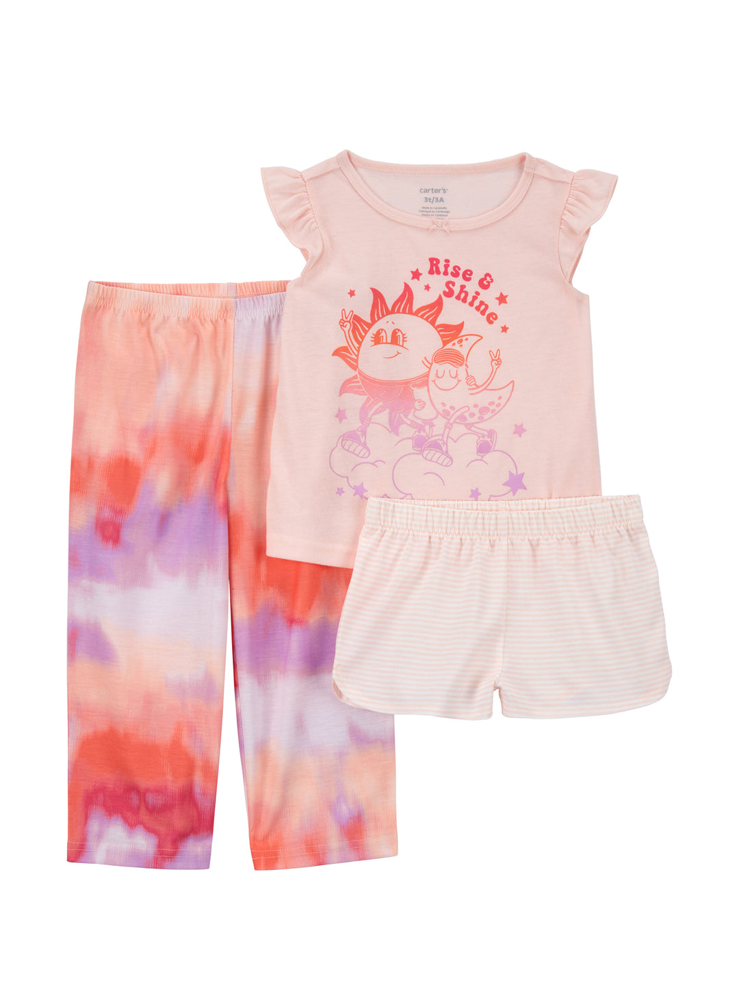 Conjunto de pijama para niña de 3 piezas en colores rosa y coral con estampado de sol y luna.