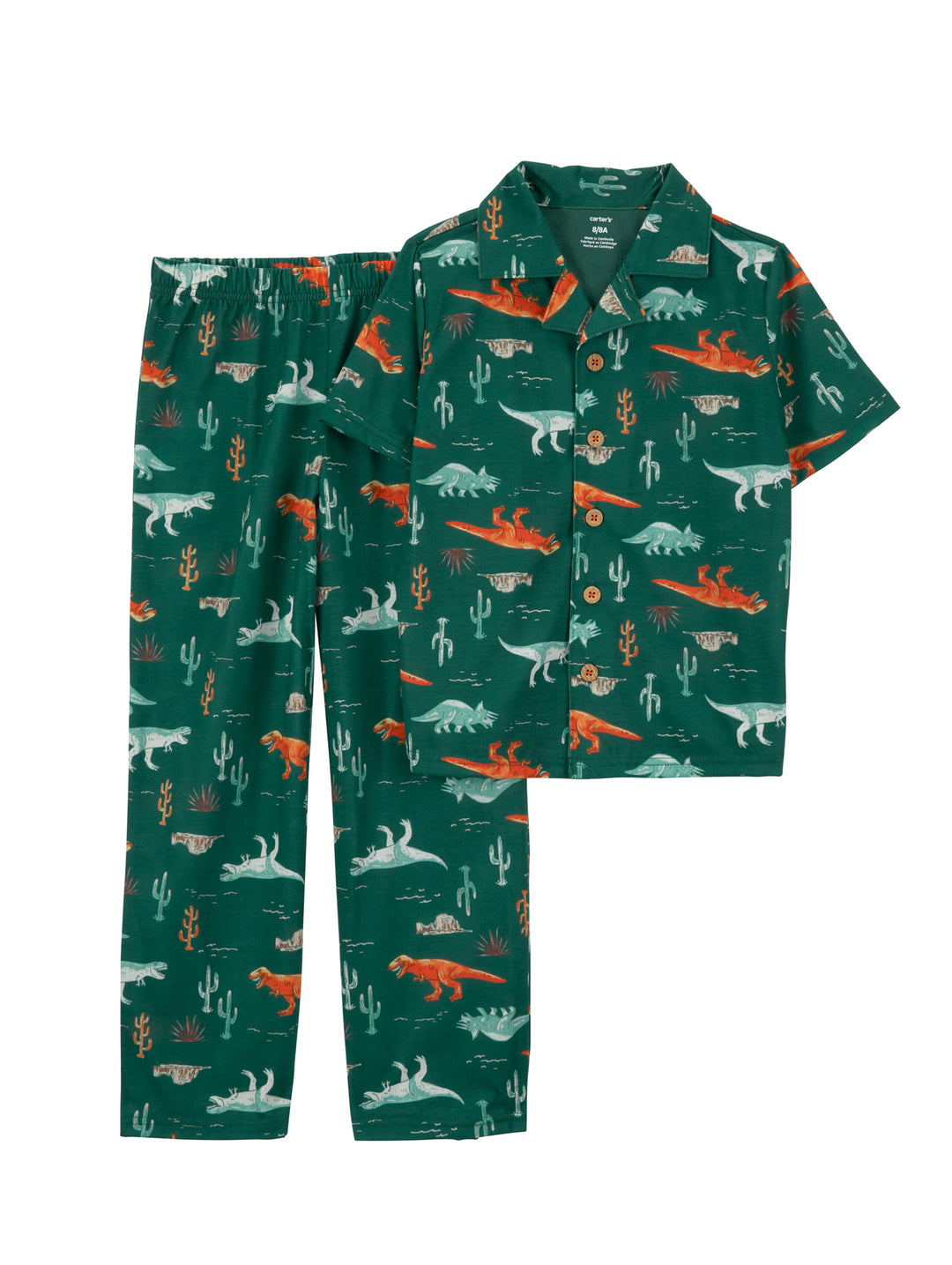 Pijama verde de dos piezas para niño con estampado de dinosaurios y cactus.