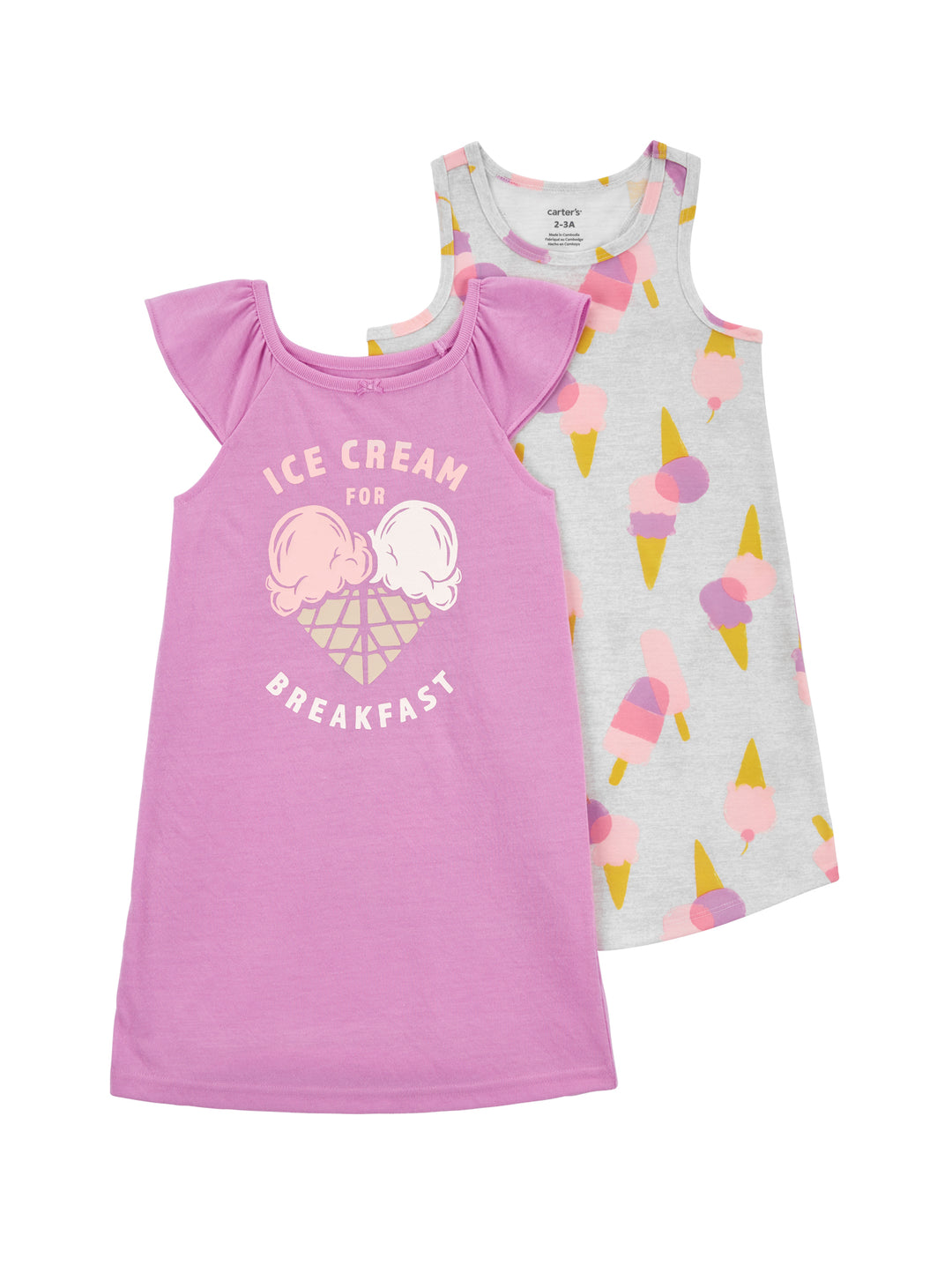 Set de dos pijamas para niña: una lila con gráfico de helado y otra gris con estampado de conos de helado.