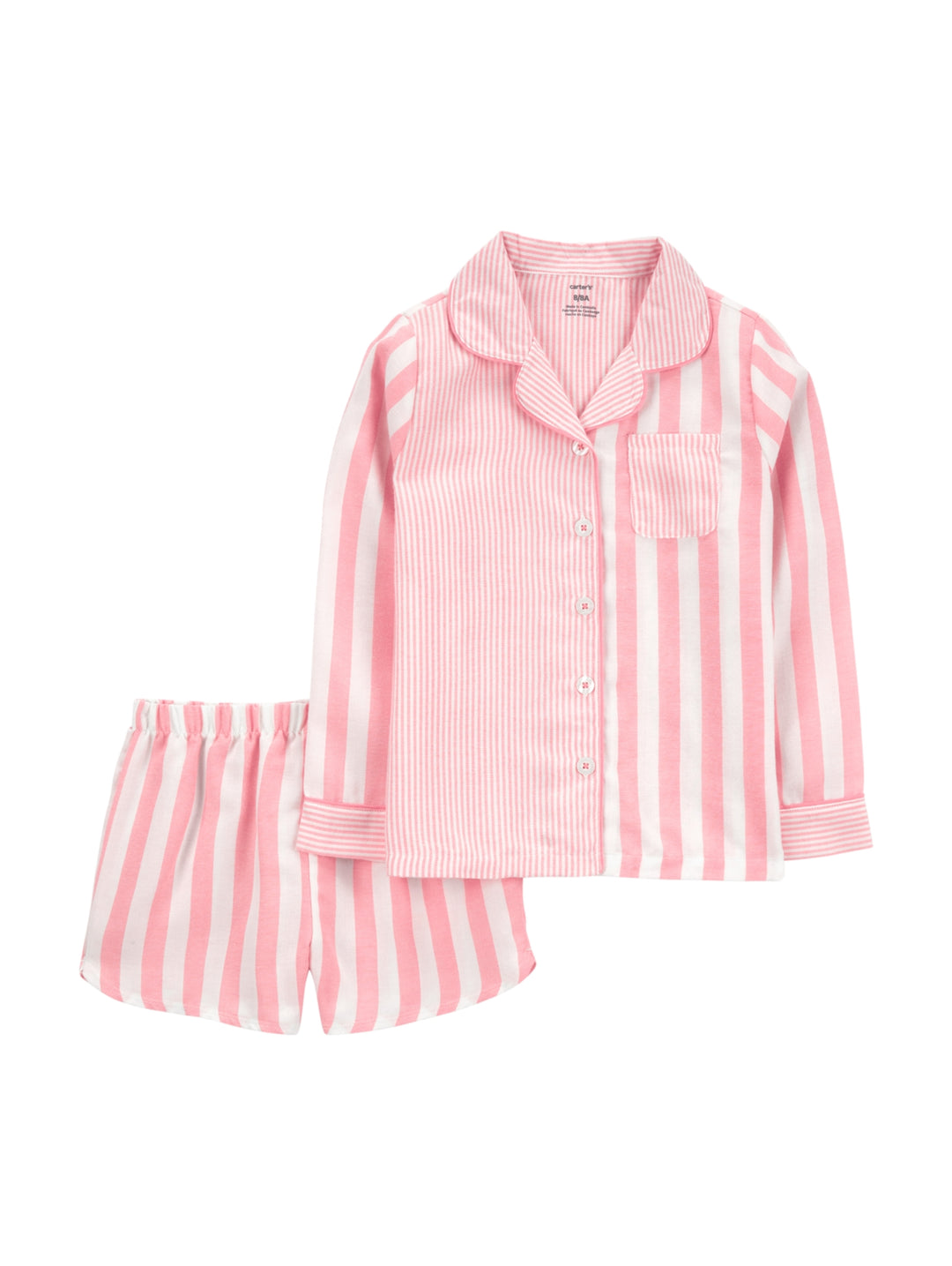 Pijama de dos piezas para niña con rayas verticales en color rosa coral y blanco.