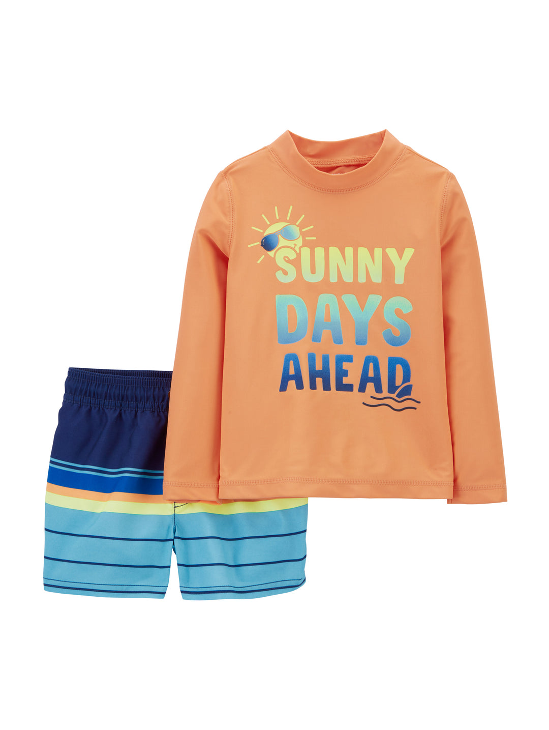 Conjunto de traje de baño para niño con camiseta naranja de manga larga y short azul a rayas.