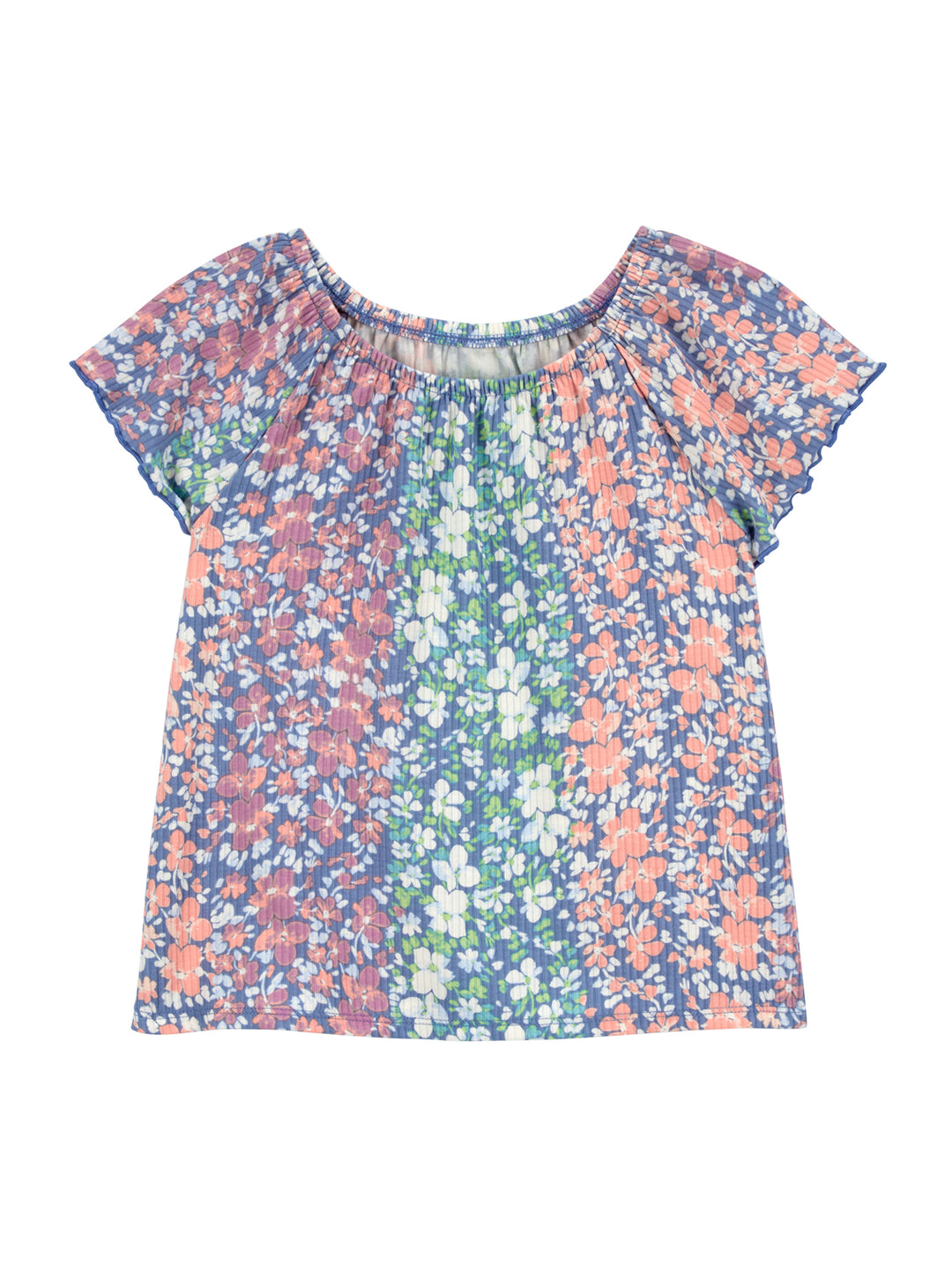 Blusa para niña de color multicolor con estampado floral y cuello fruncido.