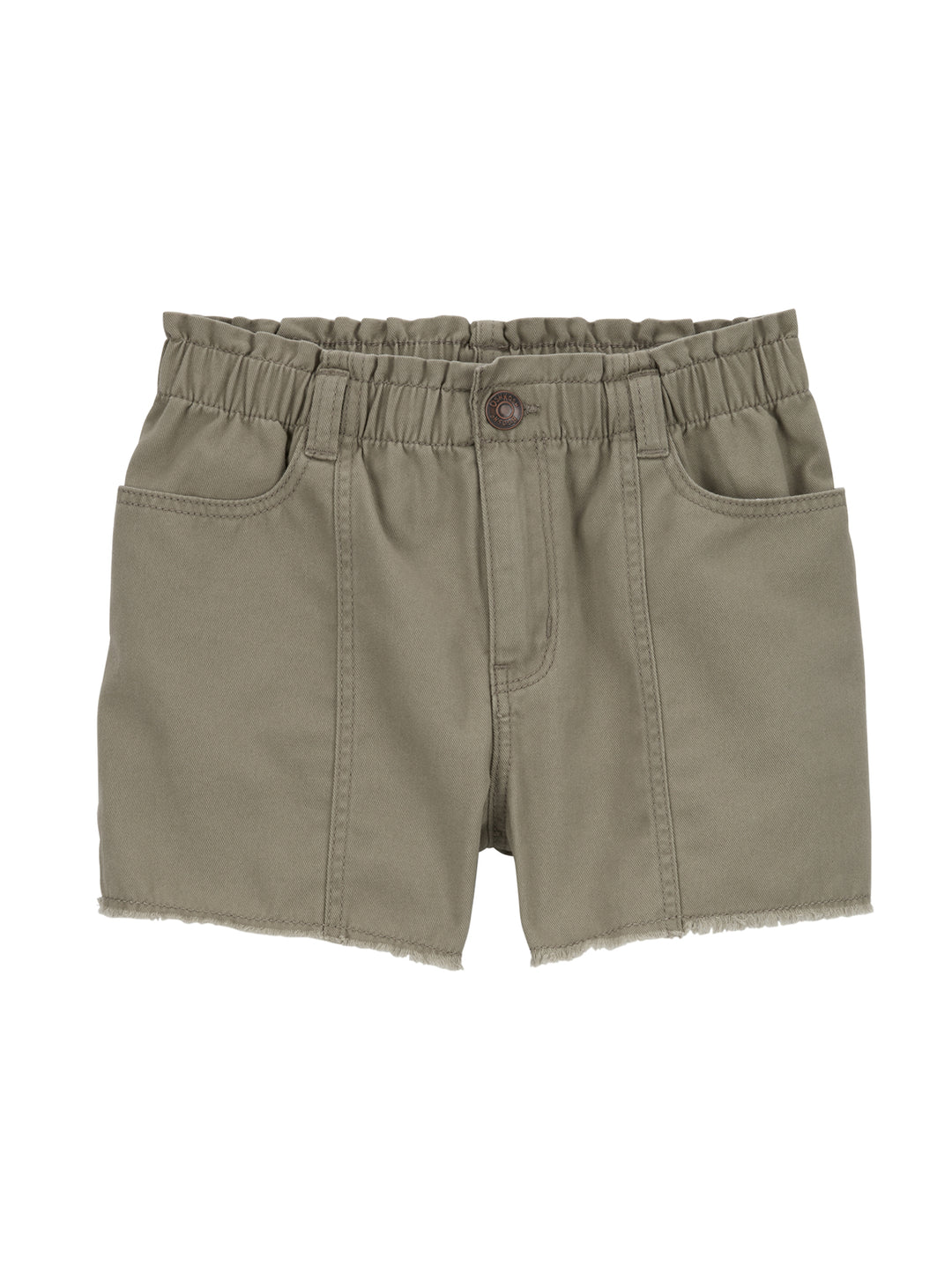 Short de sarga color olivo para niño con cintura elástica y acabado deshilachado en los bajos.