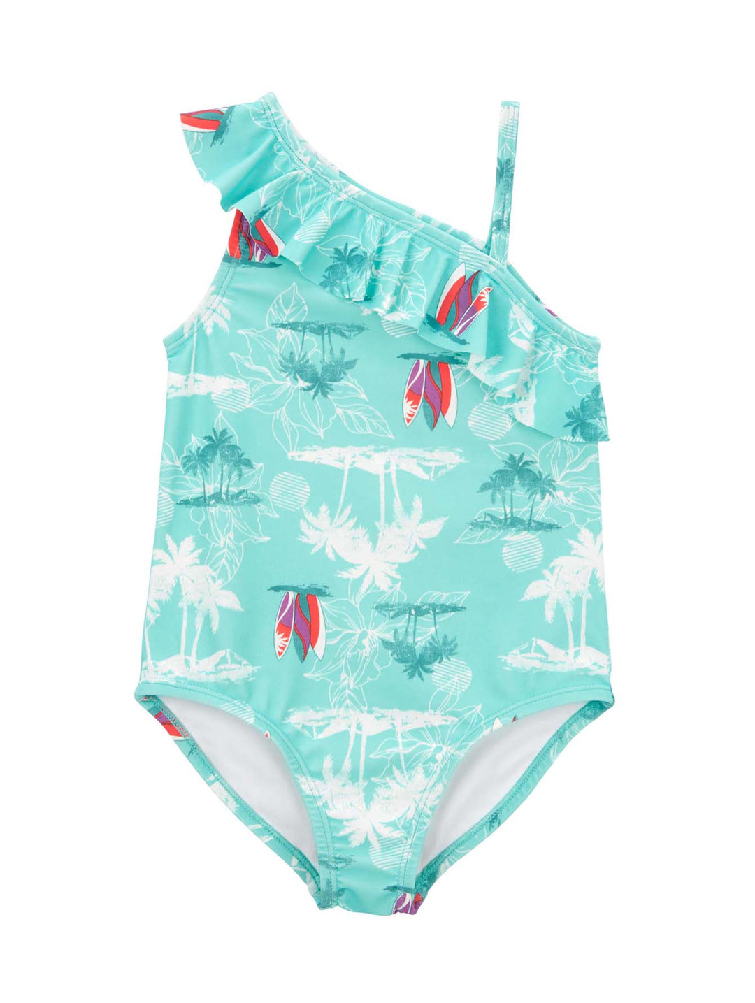 Traje de baño de una pieza para niña en color azul con estampado de palmeras y detalle de volante en el hombro.