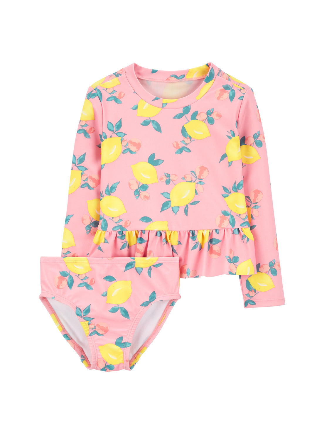 Traje de baño de dos piezas para niña color melón con estampado de limones y manga larga.