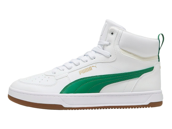 Tenis PUMA Caven 2.0 Mid en color blanco con franja verde y suela color café.