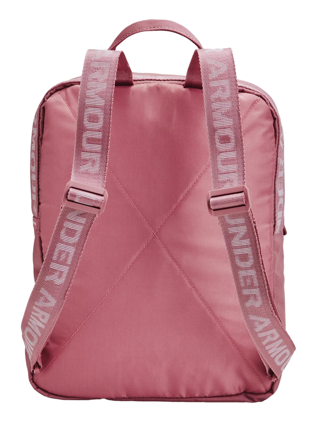 Mochila Under Armour de color rosa con logotipo blanco en la parte inferior frontal.