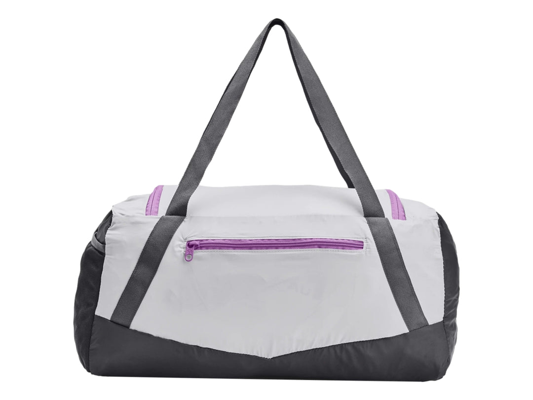 Bolsa de deporte Under Armour en color gris con detalles en morado y correas ajustables.