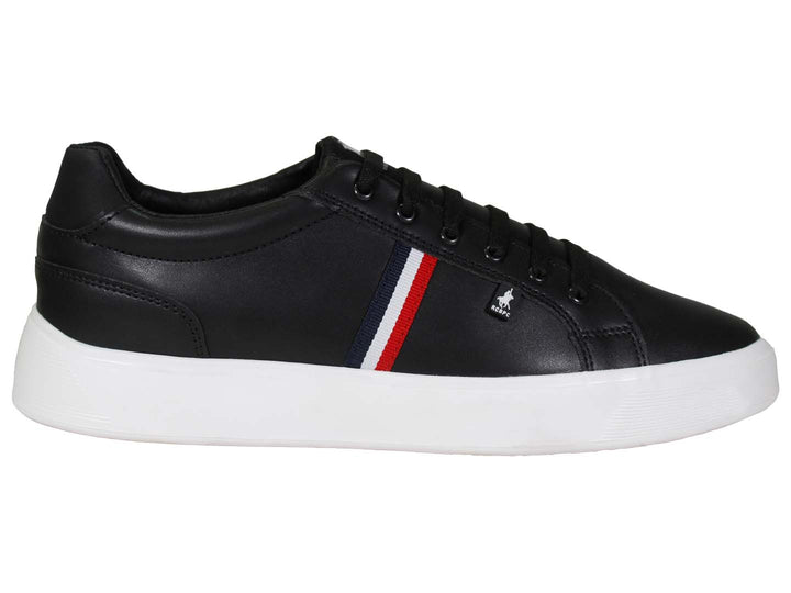 Tenis negros de The Polo Club con suela blanca y franja tricolor lateral.