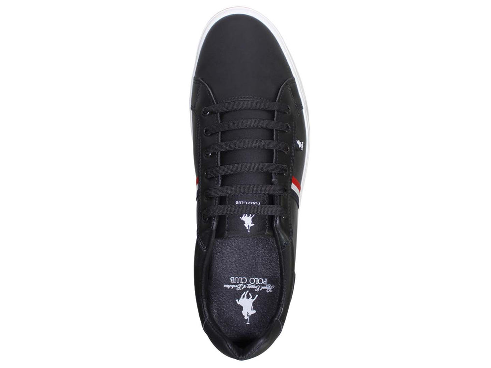 Tenis negros de The Polo Club con suela blanca y franja tricolor lateral.