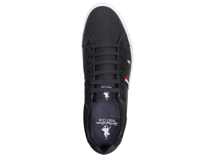 Tenis negros de The Polo Club con suela blanca y franja tricolor lateral.