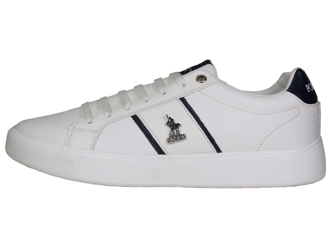 Tenis blancos THE POLO CLUB con detalles en negro en el talón y lengüeta.