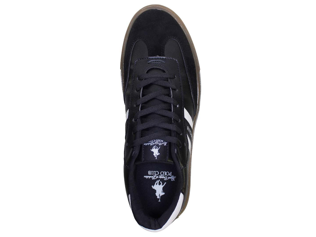 Tenis negros The Polo Club con franjas blancas laterales y suela color miel.