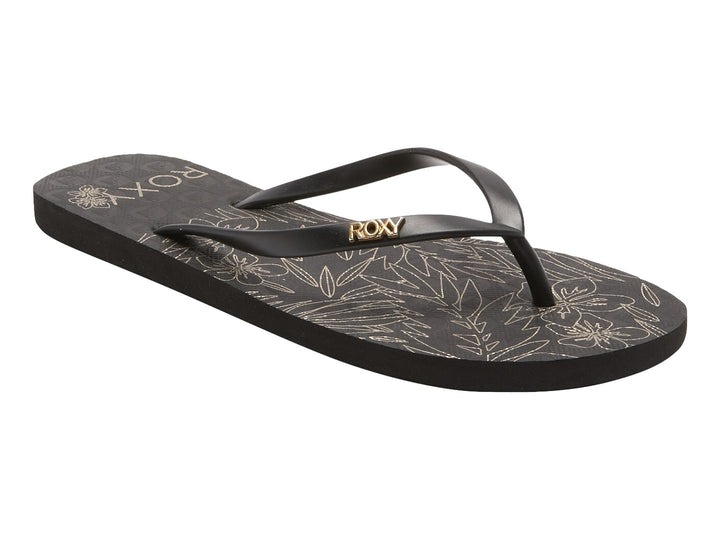 Sandalias negras de la marca Roxy con detalles en dorado metálico y diseño plano.