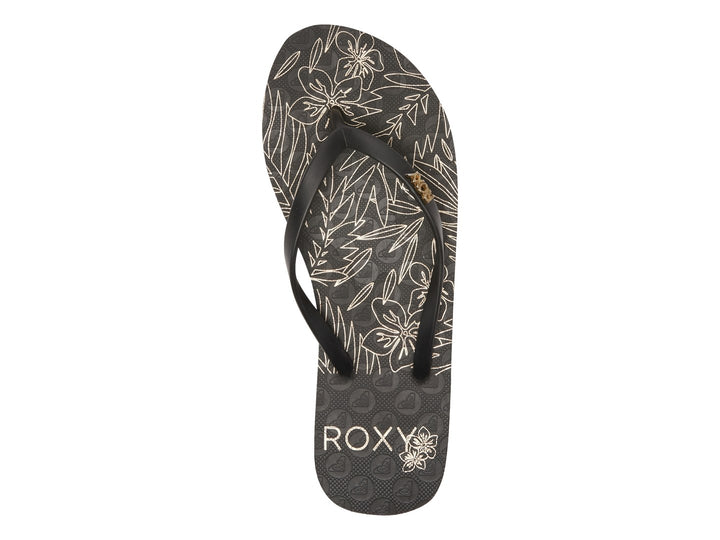 Sandalias negras de la marca Roxy con detalles en dorado metálico y diseño plano.