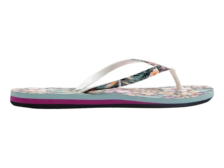 Sandalias ROXY con estampado floral y suela en capas de colores negro, morado y azul.