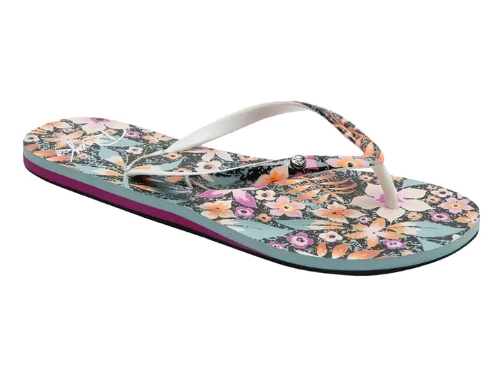 Sandalias ROXY con estampado floral y suela en capas de colores negro, morado y azul.