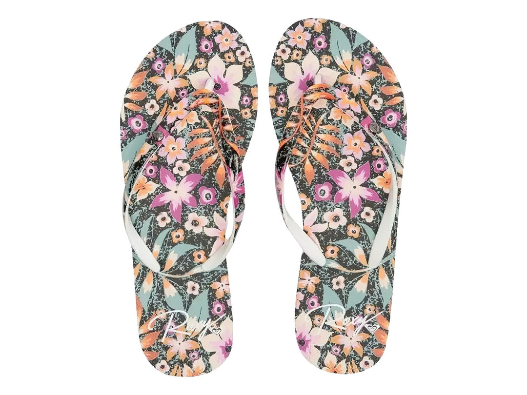 Sandalias ROXY con estampado floral y suela en capas de colores negro, morado y azul.