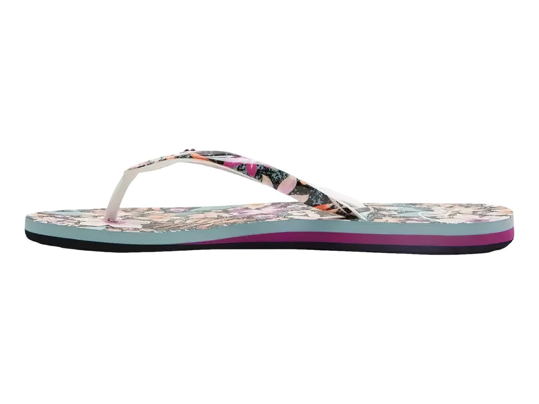 Sandalias ROXY con estampado floral y suela en capas de colores negro, morado y azul.
