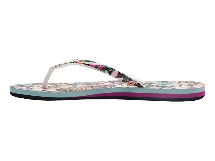 Sandalias ROXY con estampado floral y suela en capas de colores negro, morado y azul.