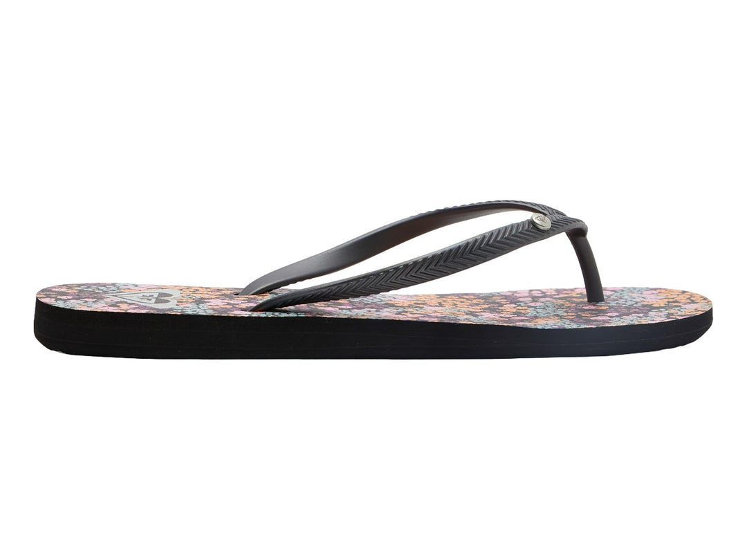 Sandalias negras de la marca ROXY con plantilla estampada en colores naranja, rosa y azul.