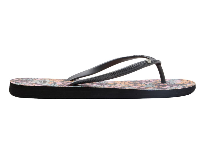Sandalias negras de la marca ROXY con plantilla estampada en colores naranja, rosa y azul.