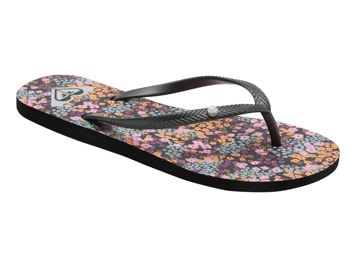 Sandalias negras de la marca ROXY con plantilla estampada en colores naranja, rosa y azul.