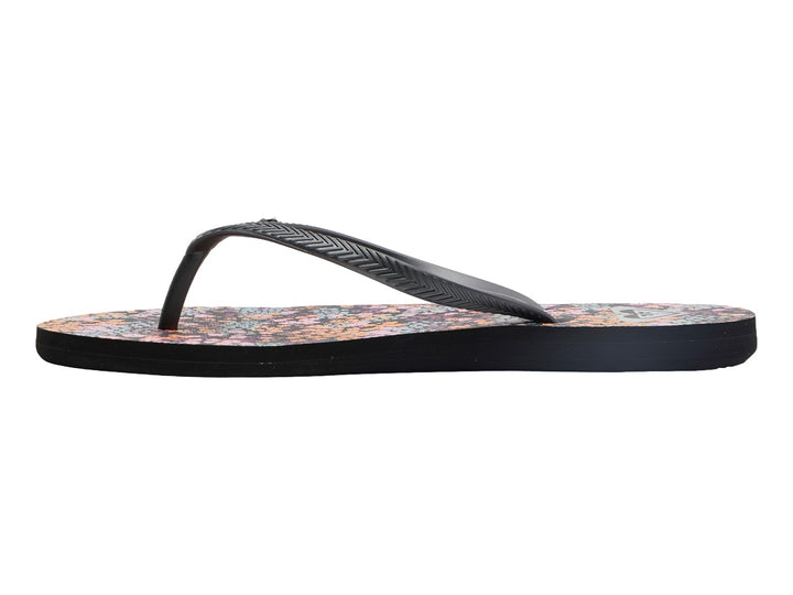 Sandalias negras de la marca ROXY con plantilla estampada en colores naranja, rosa y azul.