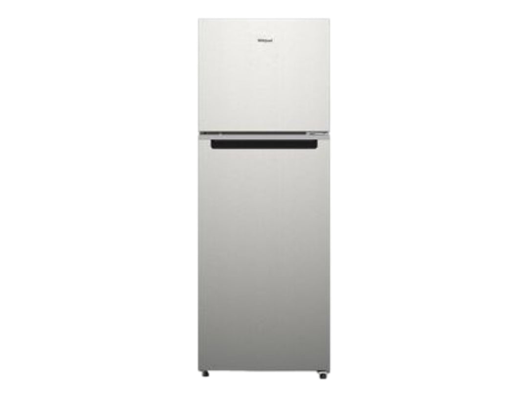 Refrigerador Whirlpool de color plata con acabado metálico y diseño moderno.