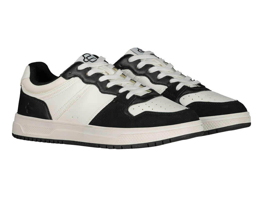 Tenis deportivos marca Charly en colores blanco y negro con suela blanca y detalles negros.