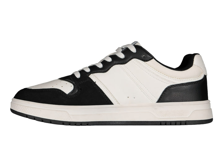 Tenis deportivos marca Charly en colores blanco y negro con suela blanca y detalles negros.