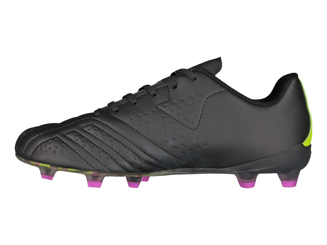 Zapato de fútbol Charly color negro con detalles en rosa y verde lima, vista lateral.