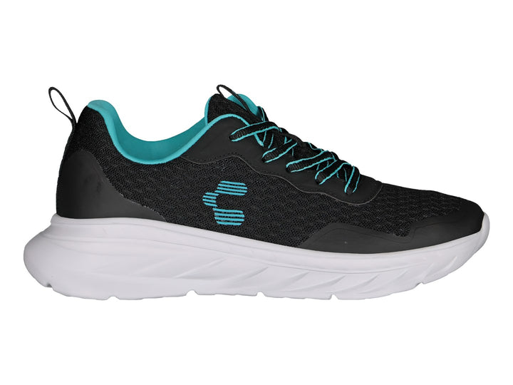 Tenis deportivos Charly color negro con suela blanca y detalles en turquesa.
